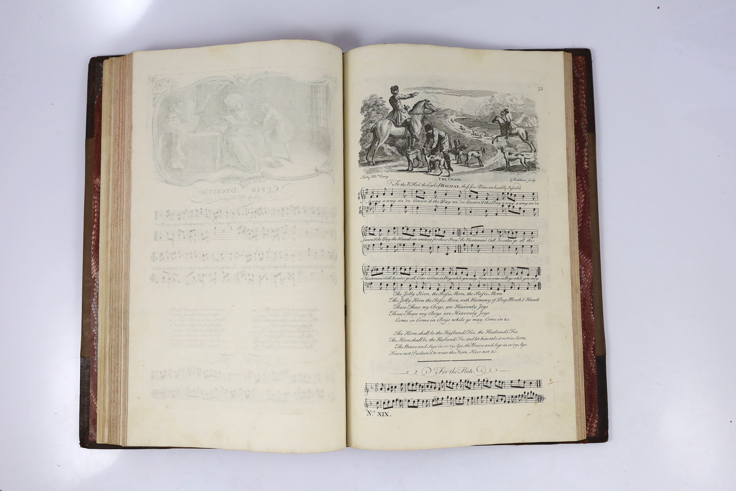 (Bickham, George - The Musical Entertainer). vol. 1 (only, of 2), without title and prelims. 99 (ex.100) engraved leaves of songs (words and music) with pictorial and decorative vignette at head of each; rebound 19th cen